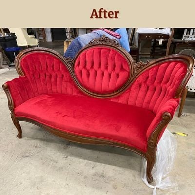 Red velvet settee, after reupholstery - upholstery services, raleigh, nc