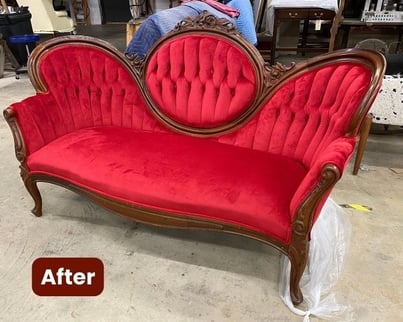 Red-Burgundy Antique Victorian-era settee- before reupholstery-upholstery services; raleigh, nc_with after label