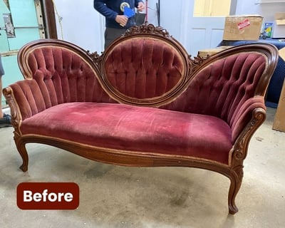 Red-Burgundy Antique Victorian-era settee- before reupholstery-upholstery services; raleigh, nc_with before label