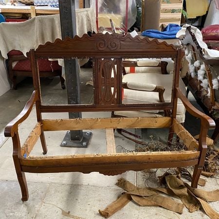 Reglued and refinished antique Eastlake Victorian era settee furniture repair; raleigh, nc