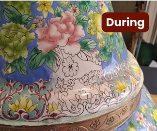 Vase In Painting DURING - pottery and art repair and restoration, Raleigh, NC