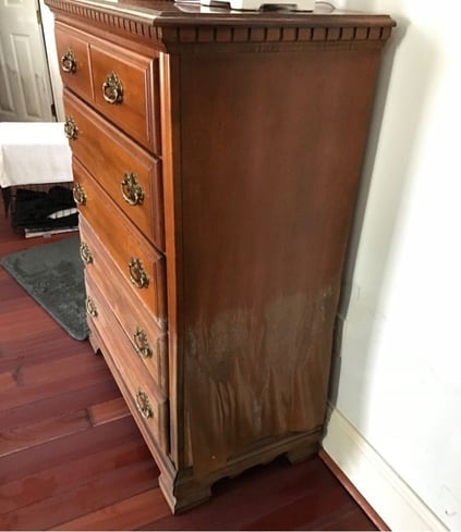 Warped Wood Veneer on Antique Chest of Drawers- antique furniture restoration- raleigh, nc