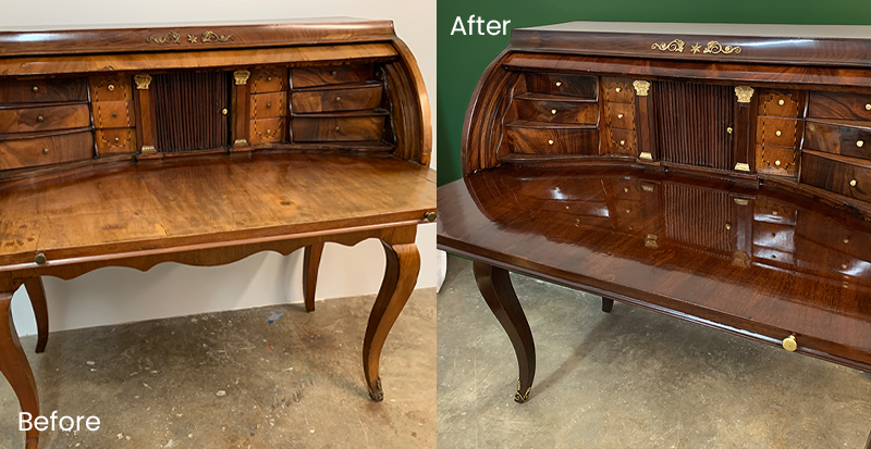 antique restoration french polish roll top desk before & after