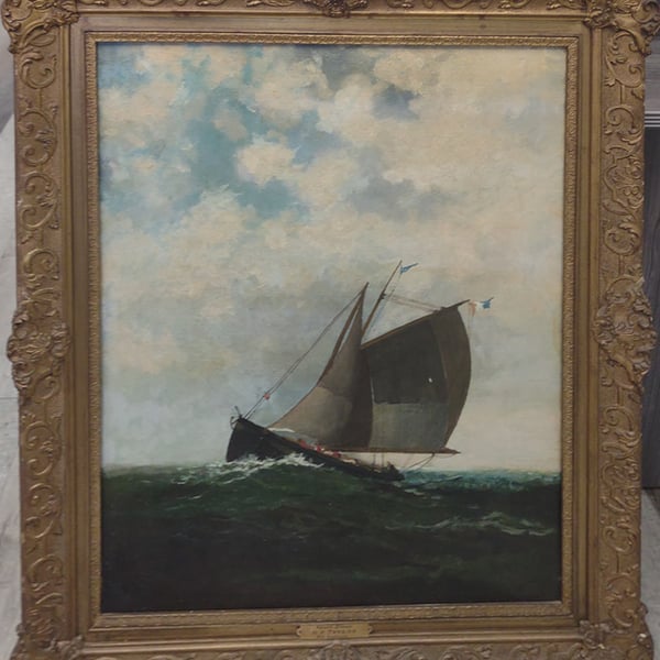 art restoration: sailboat painting before