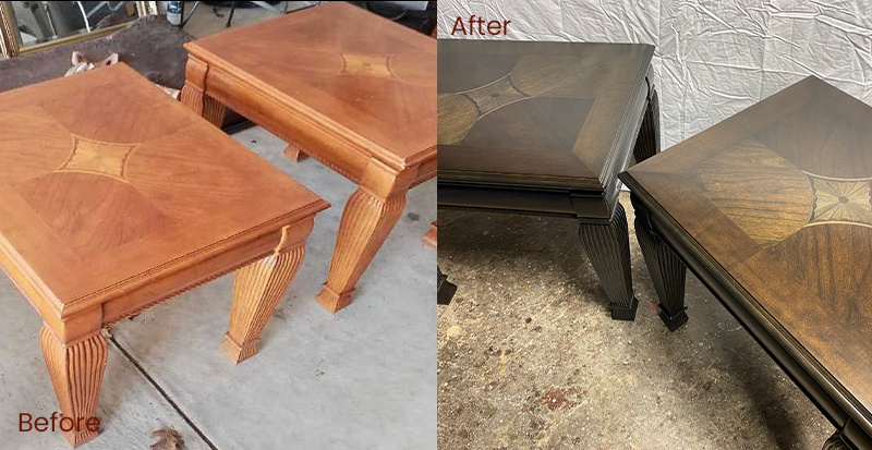 refinishing darkened end tables before & after