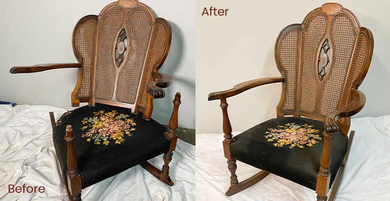 repair: broken upholstered chair before & after