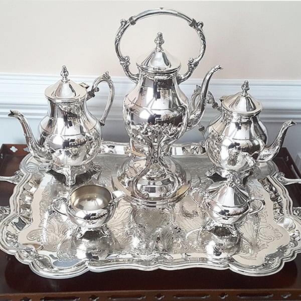 silver restoration and repair: silver tea set after