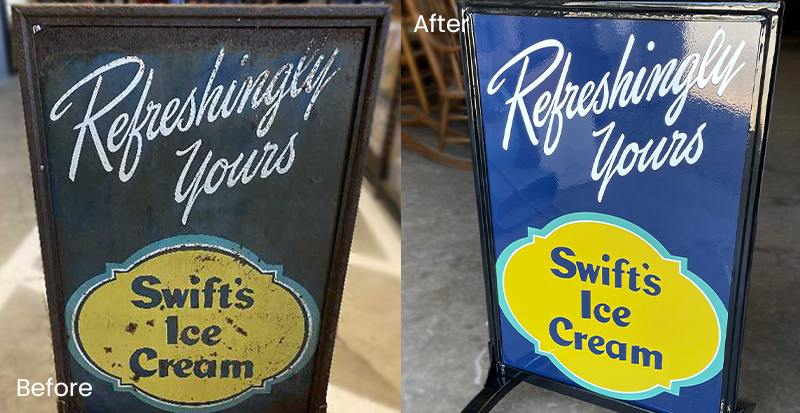 antique sign restoration: swifts ice cream sign before & after
