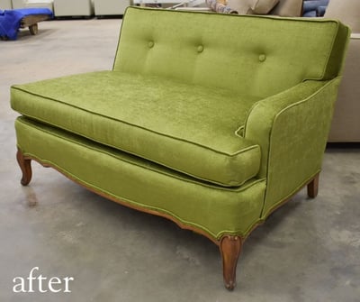 after orange to green one arm settee- mcm midcentury furniture- upholstery, services, raleigh, nc