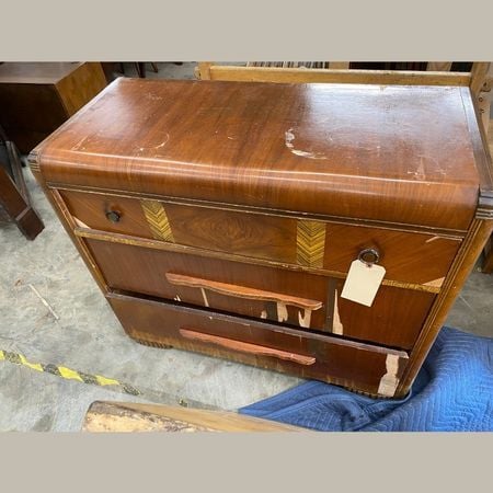 art deco dresser; veneer repair, damaged veneer; antique repair; raleigh, nc