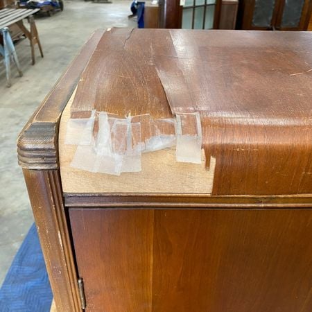 art deco wardrobe; veneer repair; lifting veneer; raleigh, nc