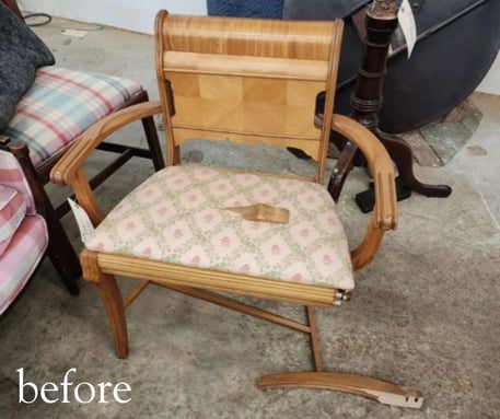 before - Antique art deco chair- broken leg repair- furniture repair and furniture restoration- raleigh, nc
