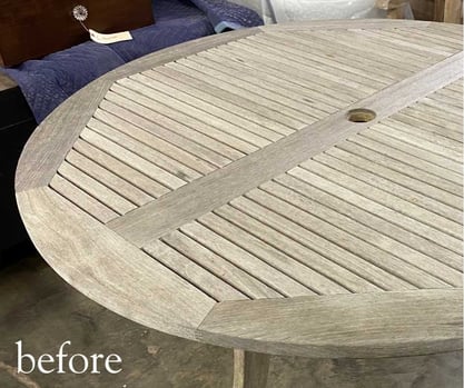 before-teak outdoor table, patio table, restoration services; raleigh, nc