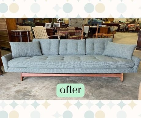 blog AFTER MCM Midcentury Sofa- greenbrown to blue gray- upholstery services, raleigh, nc