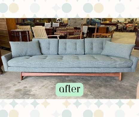 blog AFTER MCM Midcentury Sofa- green-brown to blue gray- upholstery services, raleigh, nc