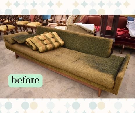 blog BEFORE- MCM Midcentury Sofa- greenbrown to blue gray- upholstery services, raleigh, nc(1)