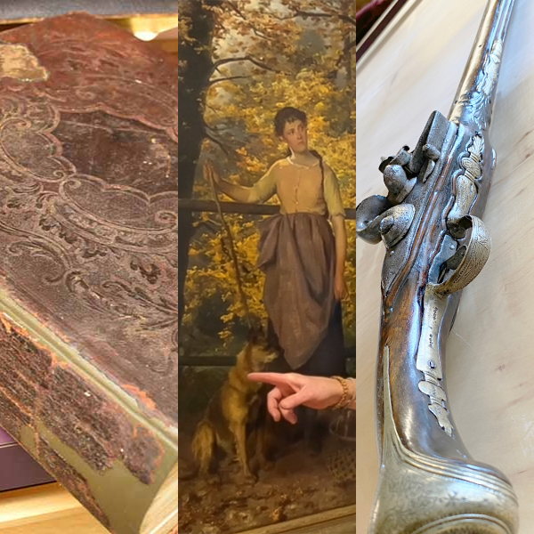 close up of antique book, Bernard Mumford, our owner, looking at a painting, and a close up of an antique Ottoman Empire firearm