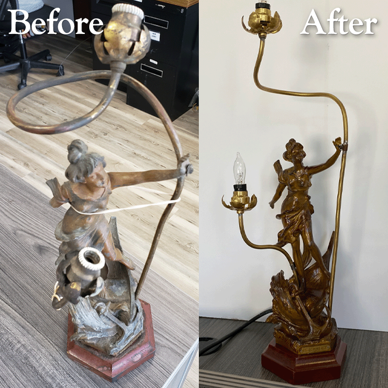 brass figurine lamp base before and after