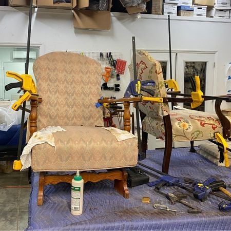 clamping and gluing vintage chairs; antique furniture repair; raleigh, nc