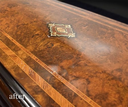 detail- AFTER- antique swiss music box- french polish- antique restoration services; raleigh, nc