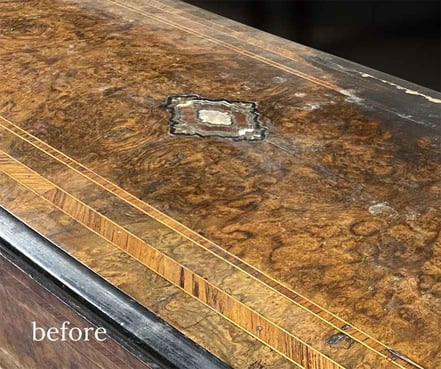 detail-BEFORE- antique swiss music box- french polish- antique restoration services; raleigh, nc