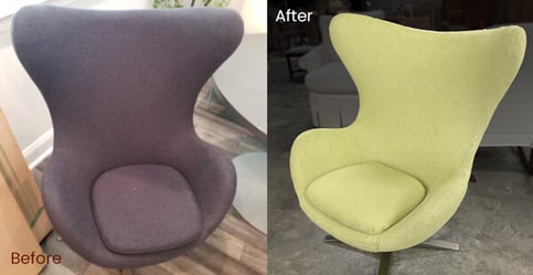 A before and after photo of an MCM chairs' reupholstery - upholstery services, raleigh, nc