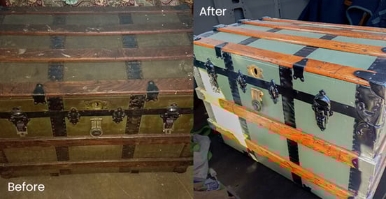 An antique trunk before and after it was restored - antique trunk restoration, raleigh, nc