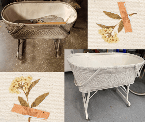 fire damage antique bassinet_before and after restoration_ fire and water damage restoration