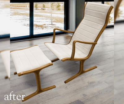 Japanese "Heron" rocking chair and matching ottoman designed by Mitsumasa Sugasawa for Tendo Mokko