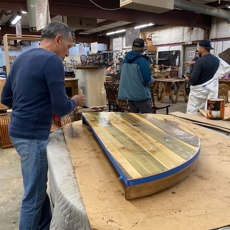 preparing to attach new veneer; antique furniture repair; raleigh, nc
