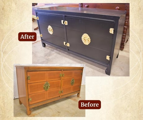 Asian inspired cabinet_red wood grain to black lacquer furniture refinishing_raleigh, nc