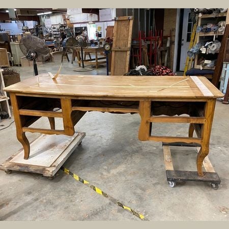 repaired badly split desk; antique furniture repair; wood furniture; raleigh, nc