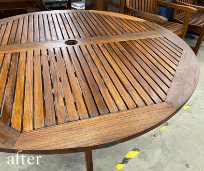 teak table top after restoration - outdoor furniture and patio furniture restoration