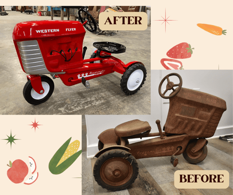 vintage pedal car tractor Restoration - before and after - metal restoration toy restoration